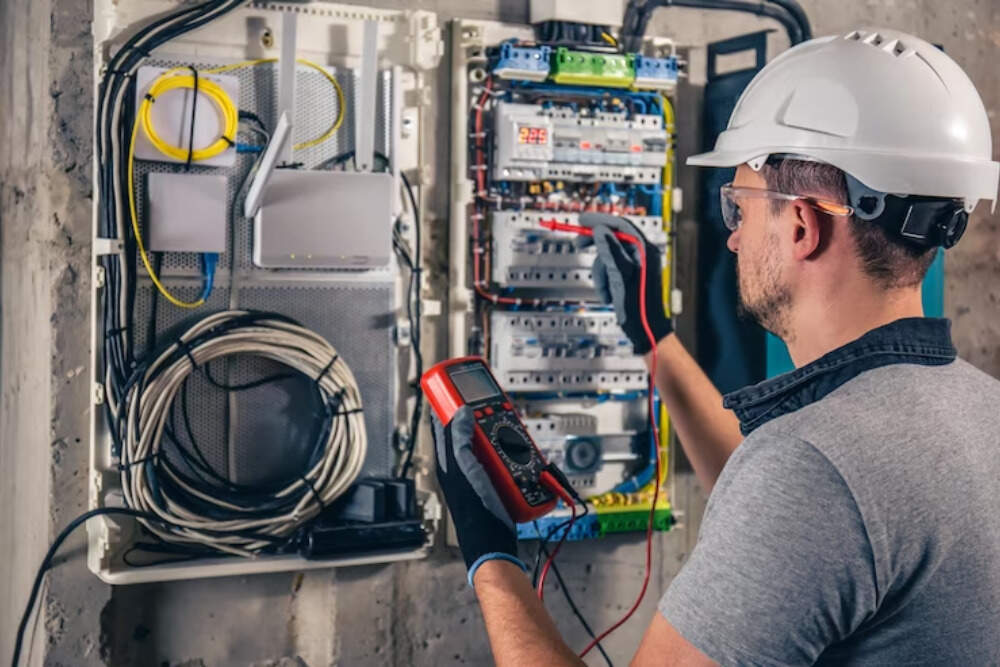 Technician from Pelican Heating & Air servicing air conditioner in Newcastle backyard
