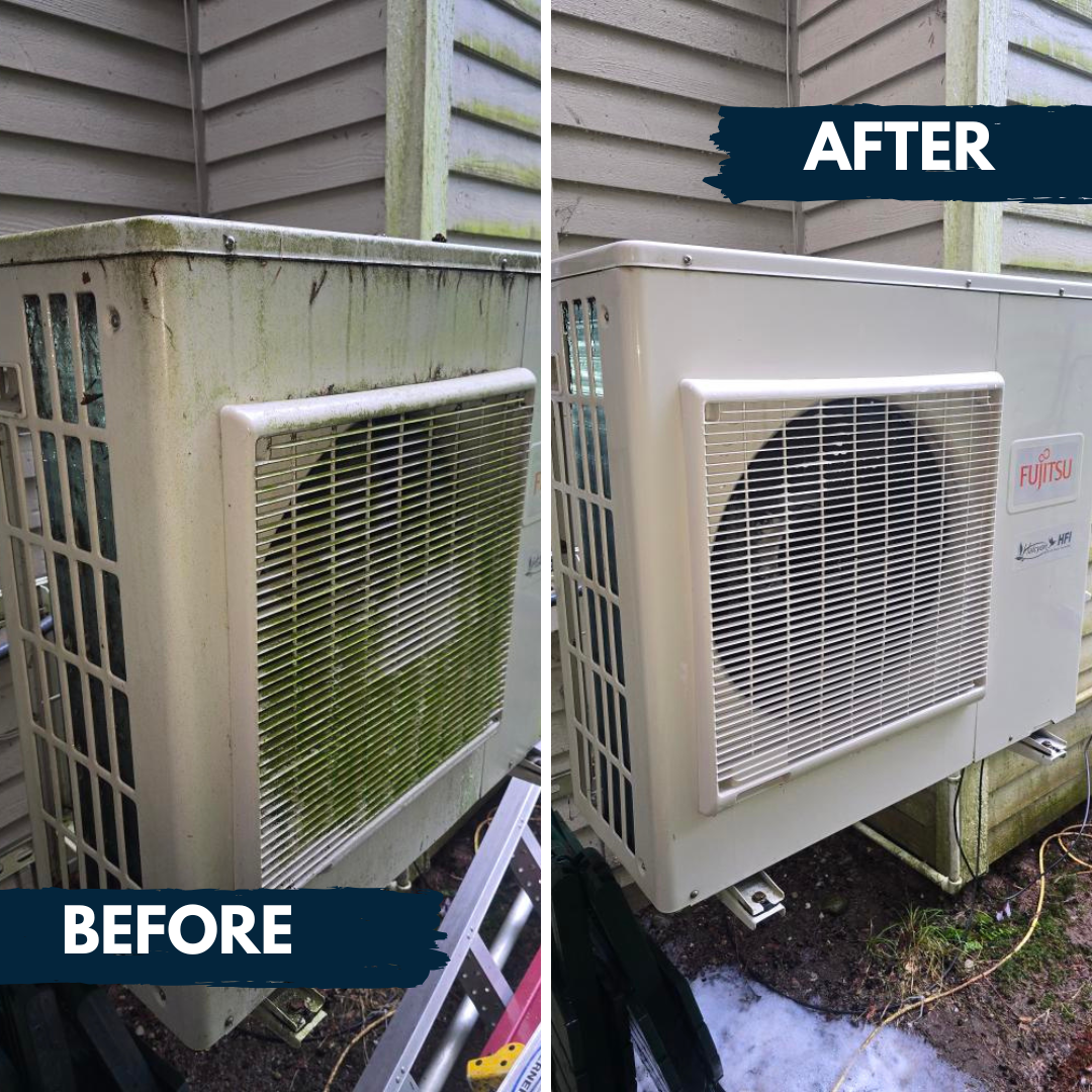 Pelican Heating and Air technician servicing a residential air conditioning unit in Bellevue, WA